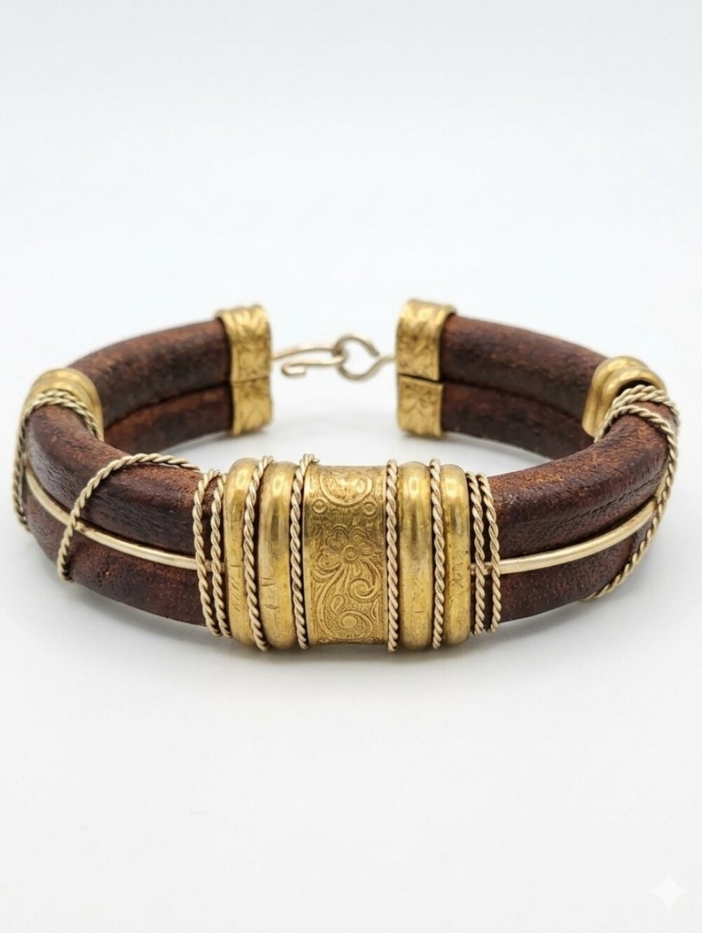 Artisan Brown Leather and Mixed Metal Stamped Brass Cuff Bracelet